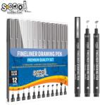 S-cool / Offishop Fineliner, diferite dimensiuni 0.03-2 mm + varf tip pensula, 12 buc/set - S-COOL (e68b266a)