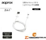  USB 2in1 Apple Lightning és MicroUSB(apa) 100cm APPROX APPC32 fehér kábel hibrid csatlakozófejjel