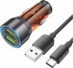 hoco. NZ12 2x USB-A Autós töltő + USB Type-C kábel - Átlátszó/Narancssárga (36W)