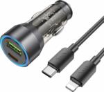 hoco. NZ12A USB Type-A / USB Type-C Autós töltő + Lightning kábel - Átlátszó/Fekete (43W)