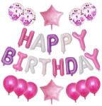 Teno Set 25 Baloane Teno®, Litere, pentru Petreceri/Aniversari/Evenimente, confetti, stelute, model Happy Birthday, roz/mov/alb