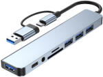 Hubpro - 8in1 USB/Type-C HUB, USB, Type-C, Memórikártya, Jack, 5Gbps adatátvitel, Fekete (BYL-2218TU)