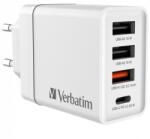 Verbatim Hálózati töltő, 1xUSB-C PD (20W), USB-A QC 3.0, 2xUSB-A (10W), VERBATIM, fehér (49701) - irodaszermost