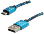 Logo USB-kábel (2.0), USB A hím - microUSB hím, 1 m, 480 Mb/s, 5 V/2 A, kék, dobozban, nejlon burkolat, alumínium csatlakozóburkolat,