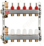 FERRO / NOVASERVIS rozsdamentes áramlásmérős szerelt osztó-gyűjtő 1"-3/4" EURO / eurokónuszos csatlakozós, konzollal, végelemmel komplett: automata légtelenítővel + töltő-ürítővel, 5 körös, SN-RZPU05S