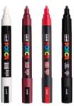 uni Set 4 markere UNI Posca PC-5M: alb, grena, rosu fluorescent si negru, varf 1.8-2.5 mm, inclusiv Mapa Posca transparenta (M44-M637-M1457-M172)