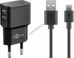 Goobay 12W USB-C duál hálózati töltő 2x USB-A 1, 0m USB-C kábel fekete