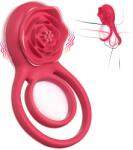 SuperLove Vibrating Cock Ring with Rose Clitoral Stimulator Red Inel pentru penis