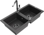 Mexen Mario chiuvetă granit cu 2 compartimente cu baterie de bucătărie Flora, negru cu pete - 6504-76-670401-08-B (6504-76-670401-08-B)