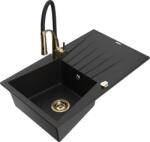 Mexen Cesar chiuvetă de bucătărie din granit cu 1 compartiment cu scurgător și baterie Aster, neagră - 6514-77-73450-57-G (6514-77-73450-57-G)