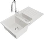 Mexen Matias chiuvetă de granit 1, 5 compartiment cu scurgător și baterie de bucătărie Savita, alb - 6502-20-672601-00 (6502-20-672601-00)