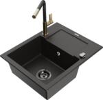 Mexen Enzo chiuvetă de granit cu o cuvă, cu scurgător și baterie de bucătărie Flora, negru/auriu metalic (6506-75-670401-57-B)