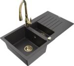 Mexen Matias chiuvetă din granit cu 1, 5 compartimente cu scurgător și baterie de bucătărie Savita, negru cu pete - 6502-76-67260 (6502-76-672601-50)