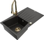 Mexen Cesar chiuvetă de bucătărie din granit cu o cuvă și scurgător și baterie de bucătărie Elia, negru/auriu metalizat - 6514-7 (6514-75-670101-50)