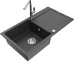 Mexen Leo chiuvetă de bucătărie din granit cu 1 compartiment cu scurgător și baterie Flora, negru picurat (6501-76-670401-00)