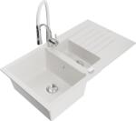 Mexen Matias chiuvetă de granit 1, 5 compartimente cu picurător și baterie de bucătărie Aster, alb - 6502-20-73450-02 (6502-20-73450-02)