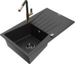 Mexen Cesar chiuvetă de bucătărie din granit cu 1 compartiment, cu picurător și baterie Flora, negru/argintiu metalic (6514-73-670401-57-B)