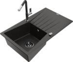 Mexen Cesar chiuvetă de granit cu 1 compartiment cu scurgător și baterie de bucătărie Flora, negru/auriu metalizat (6514-75-670401-07-B)