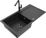 Mexen Leo chiuvetă de granit cu o cuvă, cu scurgător și baterie de bucătărie Flora, negru/argintiu metalic (6501-73-670401-70-B)