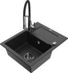 Mexen Enzo chiuvetă de bucătărie din granit cu o cuvă, cu picurător și baterie de bucătărie Aster, negru/metal argintiu (6506-73-73450-07-B)