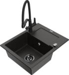 Mexen Enzo chiuvetă de granit cu o cuvă și scurgător, cu baterie de bucătărie Duo, negru/auriu metalic (6506-75-671701-70-B)