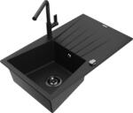 Mexen Cesar chiuvetă de bucătărie din granit cu 1 compartiment și scurgător, cu baterie Flora, negru - 6514-77-670401-70-B (6514-77-670401-70-B)