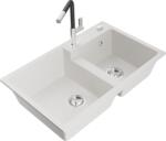 Mexen Tomas Albă Chiuvetă de granit cu 2 compartimente și baterie de bucătărie Flora, Albă - 6516-20-670401-07 (6516-20-670401-07)