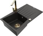 Mexen Cesar chiuvetă de granit cu 1 compartiment cu picurător și baterie de bucătărie Rita, negru/auriu metalizat (6514-75-670300-50)