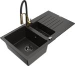Mexen Matias chiuvetă de granit cu 1, 5 compartimente cu scurgător și baterie de bucătărie Aster, negru/auriu metalic (6502-75-73450-57-B)