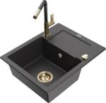 Mexen Enzo chiuveta de bucătărie din granit cu o cuvă cu scurgător și robinet Flora, negru cu puncte - 6506-76-670401-75-G (6506-76-670401-75-G)