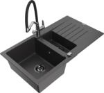 Mexen Matias chiuvetă de granit 1, 5-cu compartimente cu scurgător și baterie de bucătărie Duo, negru pestriț (6502-76-671701-07-B)