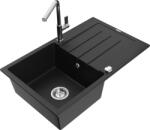 Mexen Bruno chiuvetă de granit cu 1 compartiment cu picurător și baterie bucătărie Flora, negru - 6513-77-670401-00 (6513-77-670401-00)
