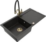 Mexen Leo chiuvetă din granit cu 1 compartiment și picurător și baterie de bucătărie Duo, negru/auriu metalizat - 6501-75-671701 (6501-75-671701-57-G)