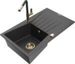 Mexen Cesar chiuvetă de bucătărie granit 1-cameră cu scurgător și baterie Flora, negru pătat - 6514-76-670401-57-G (6514-76-670401-57-G)