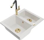 Mexen Carlos chiuvetă de bucătărie din granit cu 1, 5 compartimente cu baterie de bucătărie Flora, alb - 6518-20-670401-57-G (6518-20-670401-57-G)