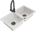 Mexen Mario chiuvetă de bucătărie din granit cu 2 cuve și robinet de bucătărie Elia, alb - 6504-20-670101-70 (6504-20-670101-70)