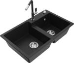Mexen Tomas chiuvetă de bucătărie din granit cu 2 compartimente și baterie de bucătărie Flora, negru - 6516-77-670401-07 (6516-77-670401-07)
