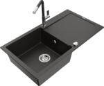 Mexen Leo chiuvetă de granit cu un compartiment, cu picurător și baterie de bucătărie Flora, Neagră/Auriu metalic - 6501-75-6704 (6501-75-670401-07)