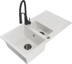 Mexen Matias chiuvetă de granit cu 1, 5 cuve cu suport de scurgere și baterie de bucătărie Aster, albă - 6502-20-73450-70-B (6502-20-73450-70-B)