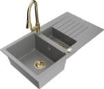 Mexen Matias chiuvetă de granit cu 1, 5 cuve cu picurător și baterie de bucătărie Elia, gri - 6502-71-670101-50 (6502-71-670101-50)