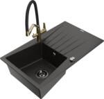 Mexen Cesar chiuvetă de granit cu 1 compartiment cu scurgător și baterie de bucătărie Duo, negru/auriu metalizat - 6514-75-67170 (6514-75-671701-57-B)