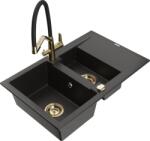 Mexen Gaspar chiuvetă de granit cu 1, 5 compartimente cu picurător și baterie de bucătărie Duo, negru/auriu metalizat (6507-75-671701-57-G)