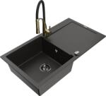 Mexen Leo chiuvetă de granit cu 1 compartiment, cu scurgător și baterie de bucătărie Aster, negru/auriu metalic (6501-75-73450-57-B)