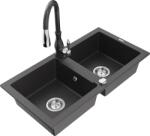Mexen Mario chiuvetă granit cu 2 cuve cu baterie de bucătărie Savita, negru cu efect de stropi - 6504-76-672601-76 (6504-76-672601-76)