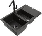 Mexen Gaspar chiuvetă granit 1, 5 cuve cu scurgător și baterie de bucătărie Flora, negru/auriu - 6507-75-670401-70-B (6507-75-670401-70-B)