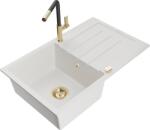 Mexen Bruno chiuvetă de granit cu un compartiment, cu picurător și baterie de bucătărie Flora, Albă - 6513-20-670401-57-G (6513-20-670401-57-G)