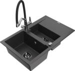 Mexen Gaspar chiuvetă din granit cu 1, 5 cuve și scurgător și baterie Duo, negru cu stropi - 6507-76-671701-07-B (6507-76-671701-07-B)
