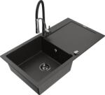 Mexen Leo chiuvetă de bucătărie din granit cu 1 compartiment, cu scurgător și baterie de bucătărie Aster, negru/auriu metalizat (6501-75-73450-07-B)