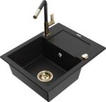 Mexen Enzo chiuvetă de granit cu un compartiment, cu picurător și baterie de bucătărie Flora, Neagră - 6506-77-670401-57-G (6506-77-670401-57-G)