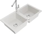 Mexen Mario chiuvetă de bucătărie din granit cu 2 compartimente cu bateria Flora, alb - 6504-20-670401-00 (6504-20-670401-00)
